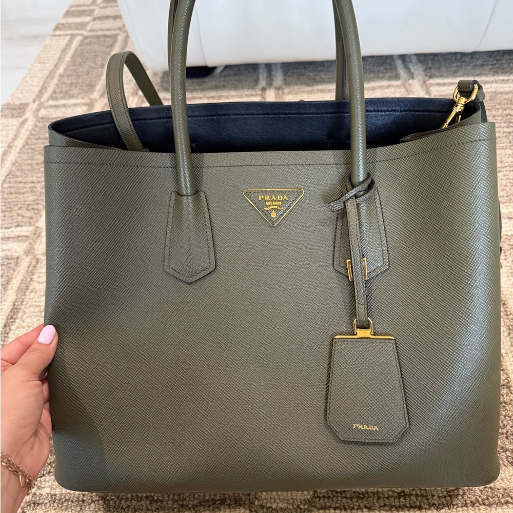 Prada Olive Saffiano Leather Tote with Gold Hardware authentic